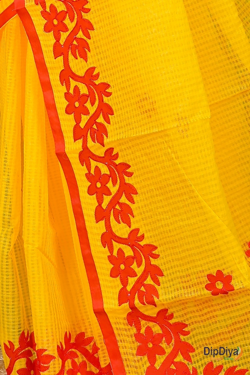 Yellow Red Kota Cotton Parvani Applique Saree (569)